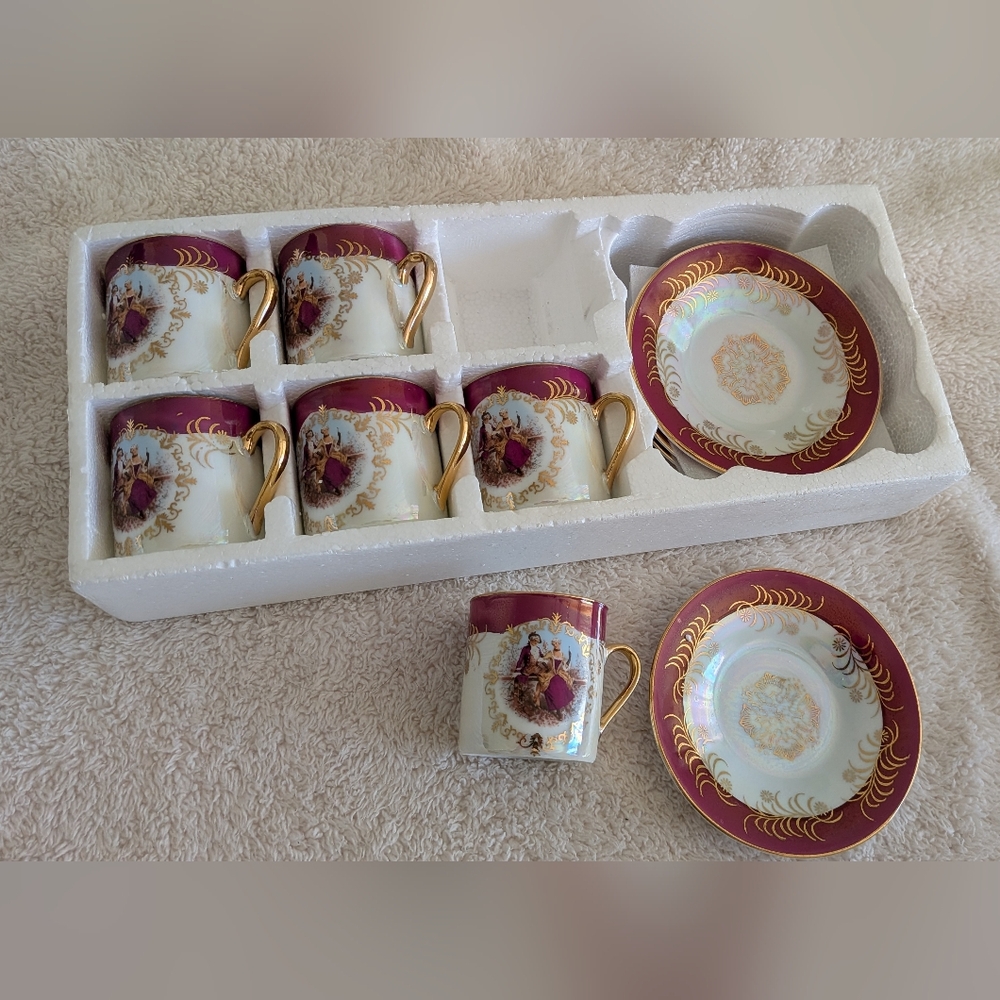MTK-TOHKI Tea/Espresso Cup & Saucer Victorian, 12pc Set, Made In Japan Red/Gold